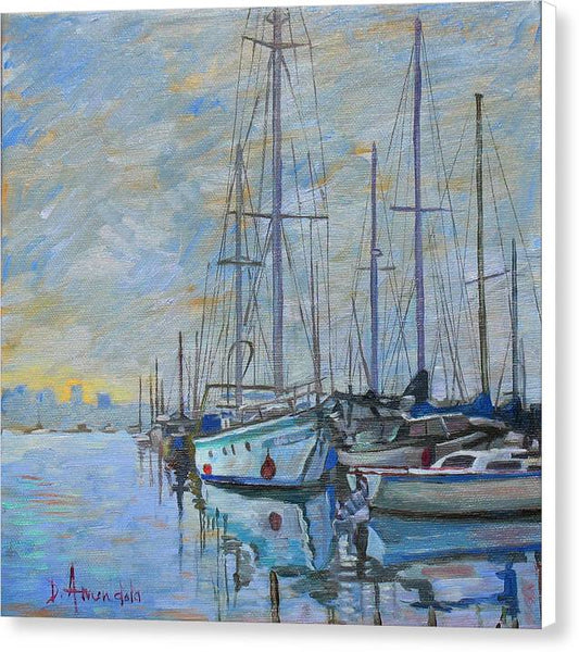 Sailboat In The Evening Fog - Canvas Print