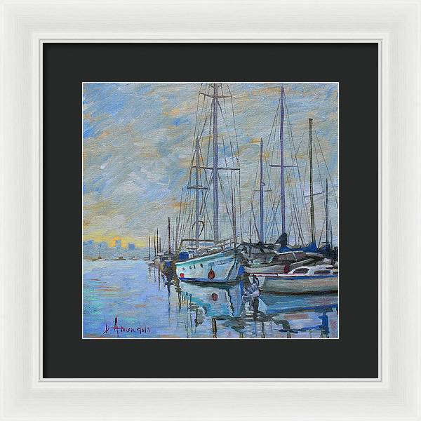 Sailboat In The Evening Fog - Framed Print