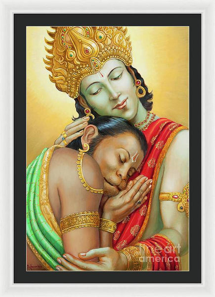 Sri Ram Embracing Hanuman - Framed Print