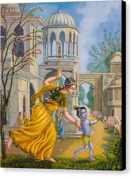 Yashoda Chasing Baby Krishna - Canvas Print