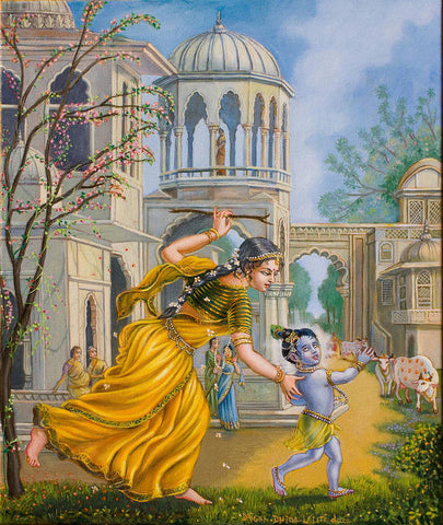 Yashoda Chasing Baby Krishna - Art Print